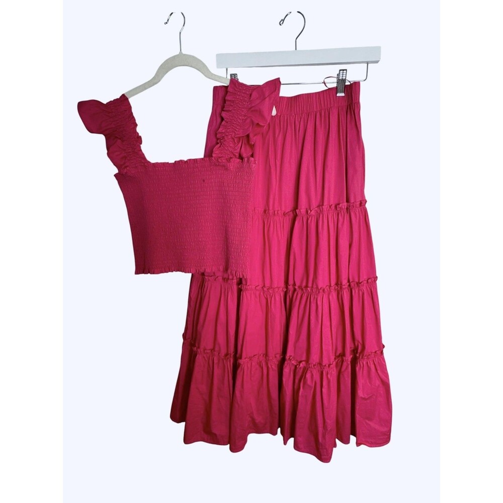o.p.t 2 Piece Set Womens M Pink Cotton Smocked Ruffle Tank Skirt Tiered Maxi